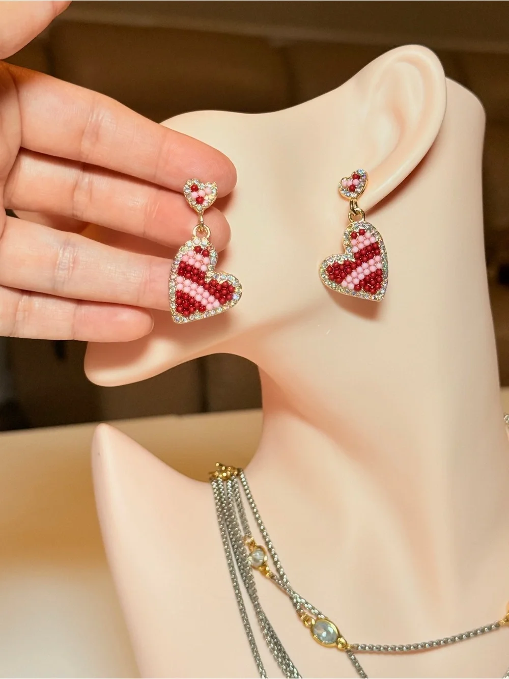 Gold-Tone Red Beaded Heart Drop Earrings